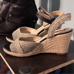 Black and Tan Wedge Sandals